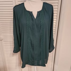 41 Hawthorn Bohemian Blouse with Lace and Pleat Detail, Ladies Size Large, Green